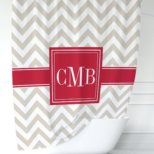 Rideau de douche Monogramme Chevron Beige et Rouge