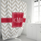 Rideau de douche Monogramme Chevron Beige et Rouge