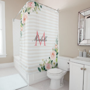 rideau de douche monogramme floral à rayures blan
