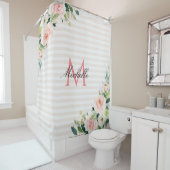 rideau de douche monogramme floral à rayures blanc (En situation)