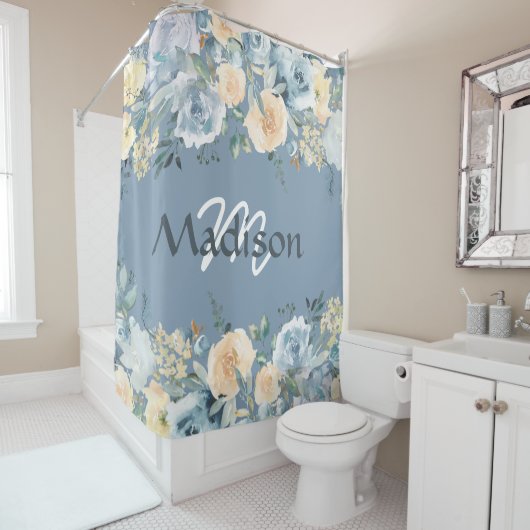 Rideau de douche Monogramme Rose Bleu tendance (En situation)
