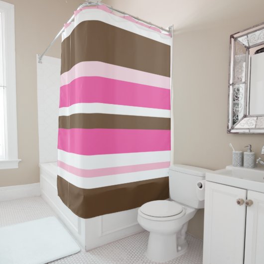 Rideau de douche Neutre Brun & Rayure Rose (En situation)