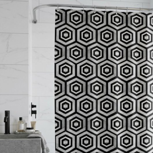 Rideau de douche noir blanc hexagone géométrique