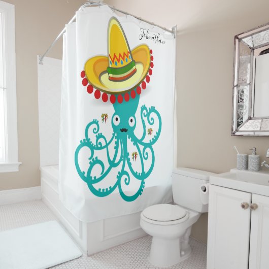 Rideau de douche Octopus mexicain Sombrero (En situation)