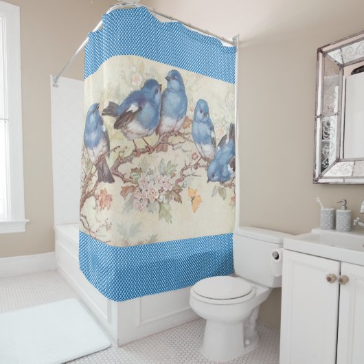 Rideau de douche Oiseau Bleu Vintage (En situation)