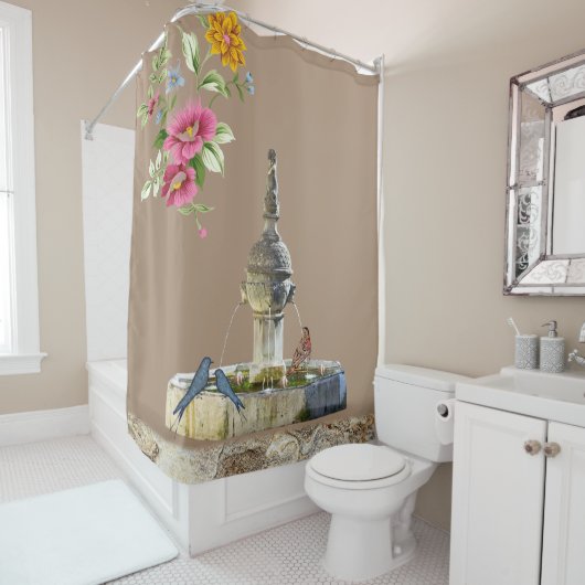 Rideau de douche Oiseaux floraux Pierres Beige (En situation)