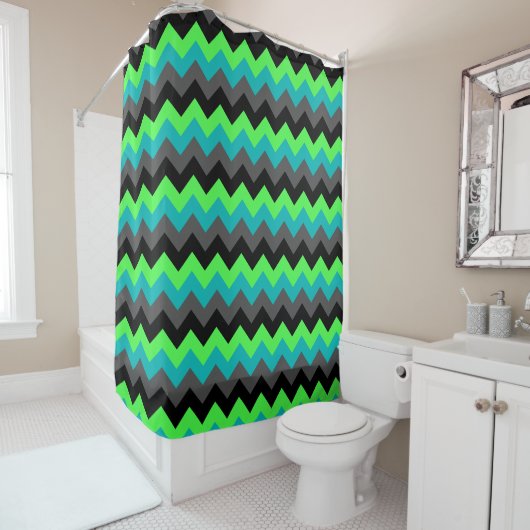 Rideau de douche Ombre noir vert Chevrons (En situation)