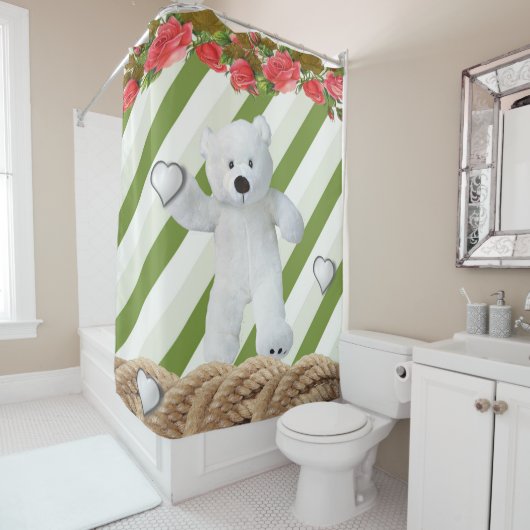 Rideau de douche Ours en Teddy Blanc Floral (En situation)