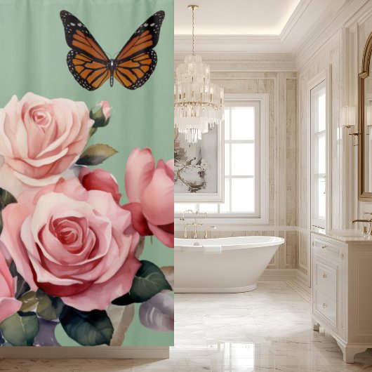 Rideau de douche papillon roses rose clair élégant