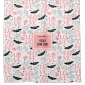 Rideau de douche personnalisé avec cœurs dessinés  (Devant)