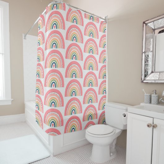 Rideau de douche - Pois arc-en-ciel rose (En situation)