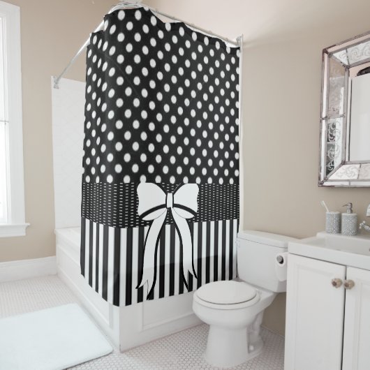 Rideau de douche Polkadot Noir Blanc Stripe Bow (En situation)
