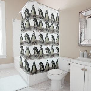 Rideau de douche pour oiseaux de pingouins noirs e