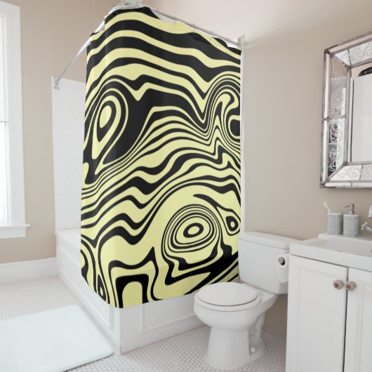 Rideau de douche rayé jaune noir (En situation)