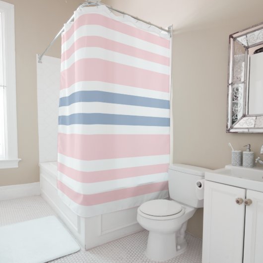 Rideau de douche rayé rose & blanc bleu (En situation)
