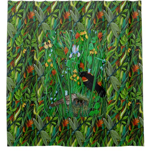 Rideau de douche "Red Wing Blackbird & Dragonfly" (Devant)