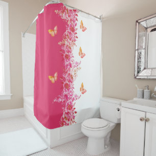 Rideau de douche rose floral avec papillon gracieu