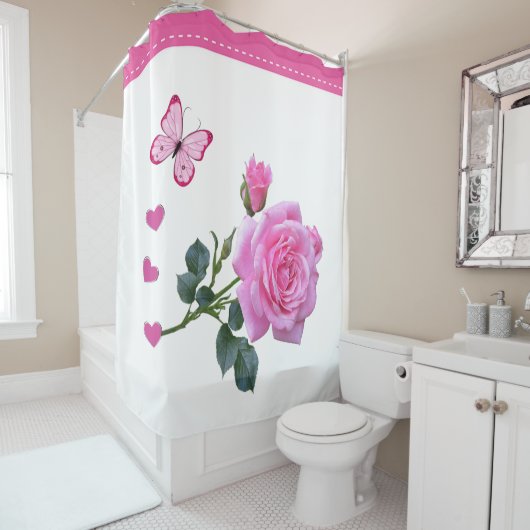Rideau de douche Rose Rose Floral Papillon rose (En situation)