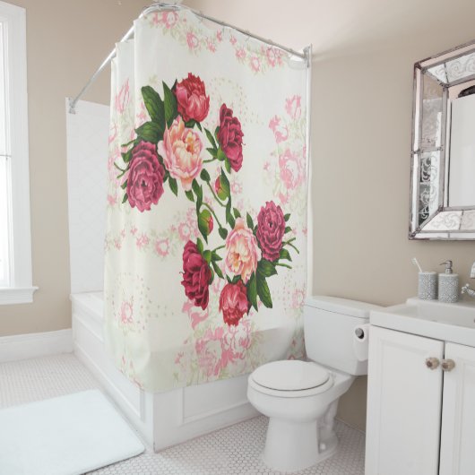 Rideau de douche rose Roses (En situation)