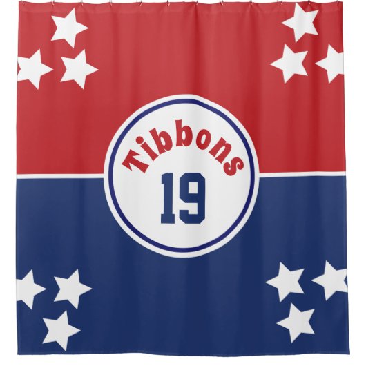 rideau de douche rouge et bleu (Devant)