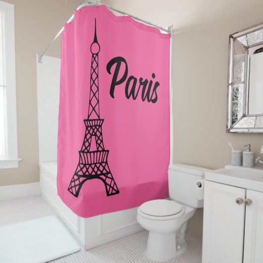 Rideau de douche Tour Eiffel rose vif Paris (En situation)