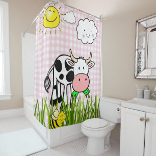 Rideau de douche Vache rose Plaid Nuages Soleil Bu