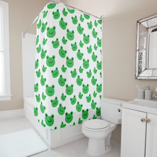 Rideau de douche vert et blanc Motif grenouille (En situation)