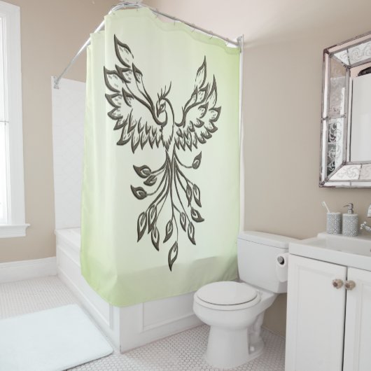Rideau de douche vert Vol d'un Phénix (En situation)