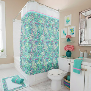 Rideau de douche vintage bleu à motifs paisley