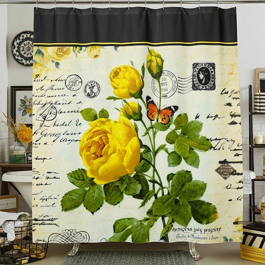 rideau de douche vintage jaune roses