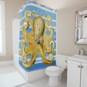 Rideau en douche blanc bleu de rayure de poulpe (En situation)