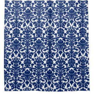 Rideau en douche floral blanc de damassé de bleu