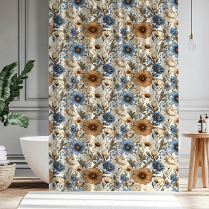 Rideau floral bohème bleu poudreux Brun Bleu