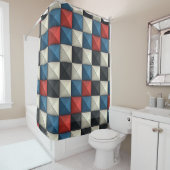 Rideaux De Douche 3D Pyramidal Geometric Pattern – Red, Blue & Cream (En situation)