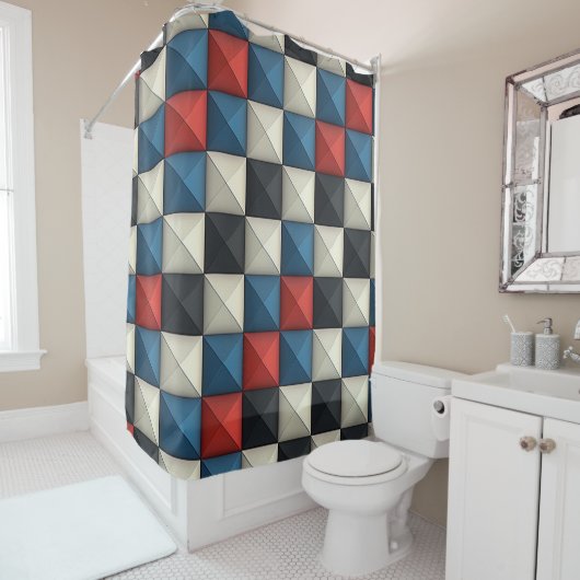 Rideaux De Douche 3D Pyramidal Geometric Pattern – Red, Blue & Cream (En situation)