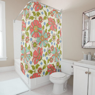 Rideaux De Douche 70's Pink & Aqua Floral Retro