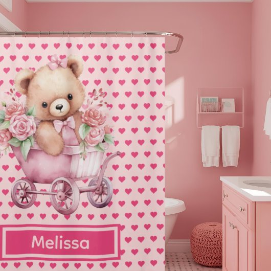 Rideaux de douche à monogramme Ourson Rose Féminin