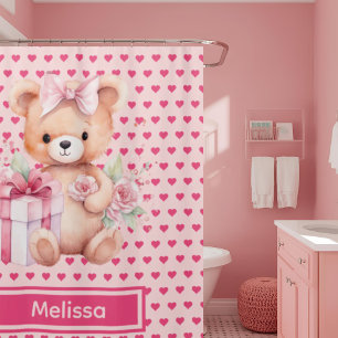 Rideaux de douche à monogramme Ourson Rose Féminin