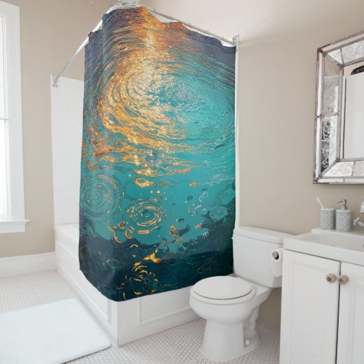 Rideaux De Douche Abstract Aqua Waves with Golden Sunlight (En situation)