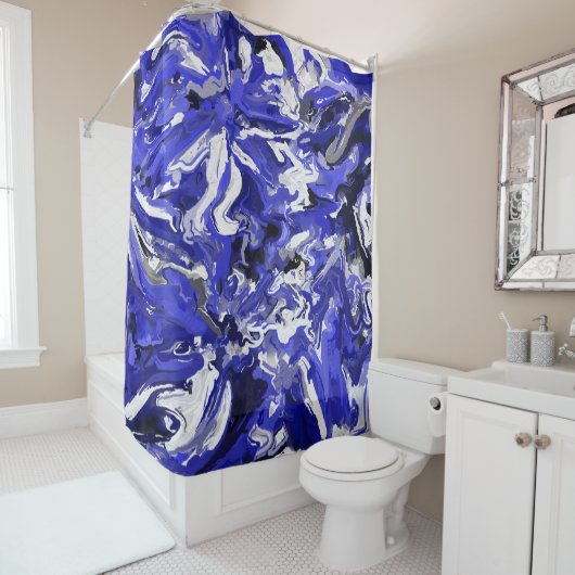 Rideaux De Douche Abstrait bleu, noir et blanc (En situation)