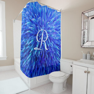 Rideaux De Douche Abstrait Floral Bleu, Monogramme Blanc,