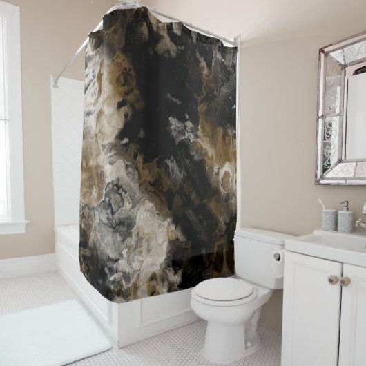 Rideaux De Douche Abstrait fractal noir et or (En situation)