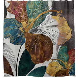 Rideaux De Douche Abstrait Gold Line Floral Art avec Gras Pétales