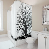 Rideaux De Douche Abstrait moderne arbre noir silhouette ombre blanc (En situation)