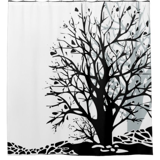 Rideaux De Douche Abstrait moderne arbre noir silhouette ombre blanc (Devant)