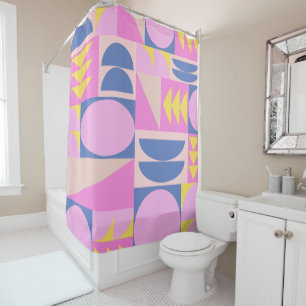 Rideaux De Douche Abstrait Retro Géométrique Bleu Rose Moyenne Siècl