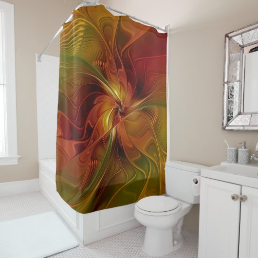 Rideaux De Douche Abstrait Rouge Orange Brown Vert Fractal Art Flowe (En situation)