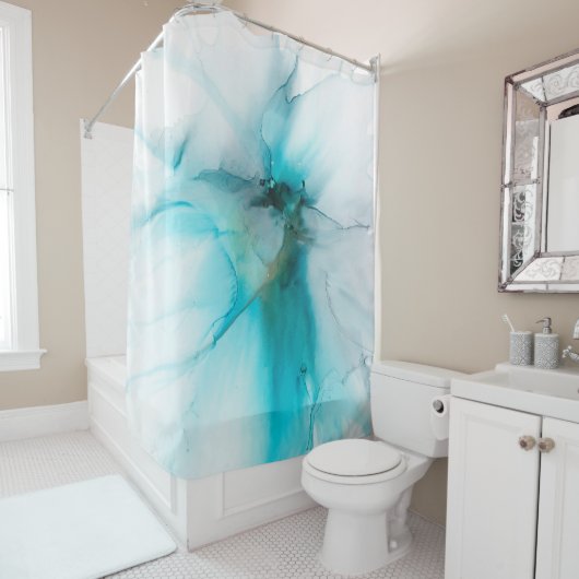 Rideaux De Douche Abstrait Turquoise, Smokey et Faux Gold (En situation)