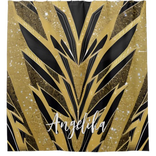 Rideaux De Douche Abstrait Zigzag Chevron Black and Gold Custom (Devant)