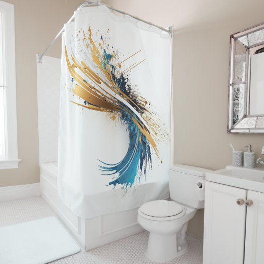 Rideaux De Douche Abstraite dynamique Splash Blanc Turquoise or napp (En situation)